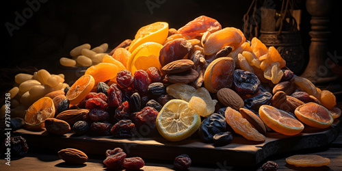 Various dried fruits and nuts in plate and in bulk on table, Mix of dried fruits dates raisins apricots and cherries in mini tart tins served,