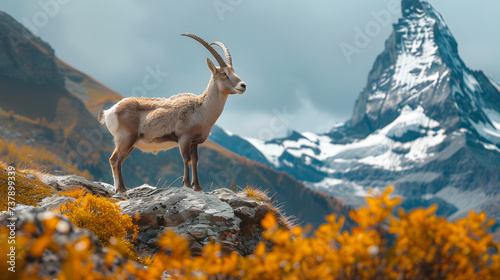 Medium shot photography, Spring Scenery at Alps, with rugged cliffs as the background, during mountain goat mating season
