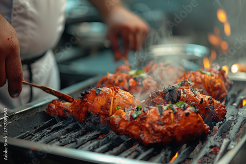 An Indian chef preparing and cooking grilled Tandoori chicken on a grill in a commercial kitchen.  photo
