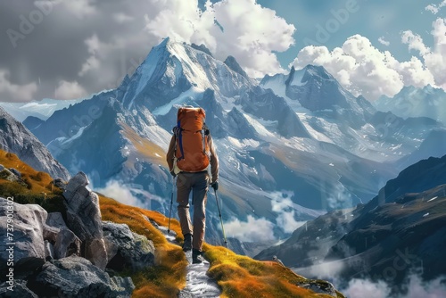 Lone hiker challenges towering peaks symbol of travel and adventure with each step mountaineer forges bond with nature backdrop of breathtaking landscape © Wuttichai