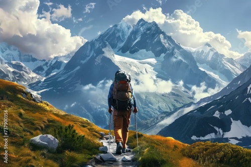 Lone hiker challenges towering peaks symbol of travel and adventure with each step mountaineer forges bond with nature backdrop of breathtaking landscape