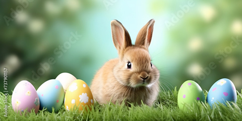 Banner with cute brown bunny and colorful easter eggs in grass
