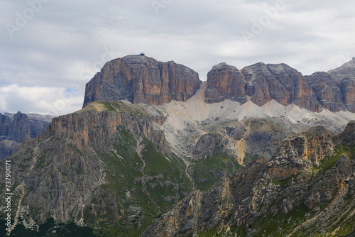 Summer view of Sass Pordoi and Sella Gruppe  Dolomiti   Dolomites  Trentino Alto Adige  Sudtirol  South Tyrol  Italy.