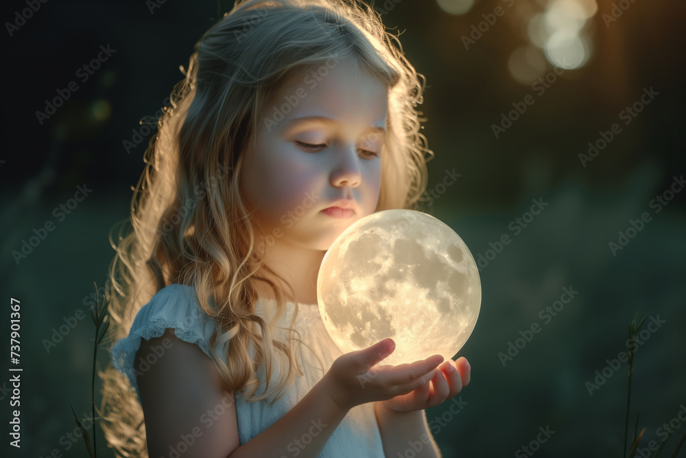 Naklejka premium Cute little girl holding a moon in her hands.