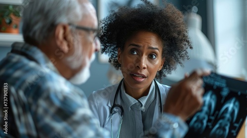 African American woman doctor explaining issues to patient abouth health problem in doctor's examination room. Healthcare concept. photo