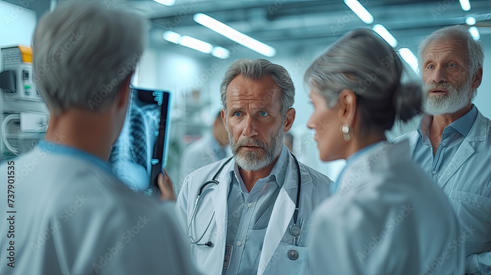 Group of doctors talking and discussing regarding health information in a room. Shared medical knowledge benefits his coworkers and patients. - obrazy, fototapety, plakaty 