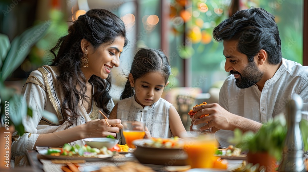 Indian family eating food at dining table at home or in restaurant. South Asian mother, father and kid having meal together. Indian family eating food at dining table at home or in restaurant. South Asian mother, father and kid having meal together.