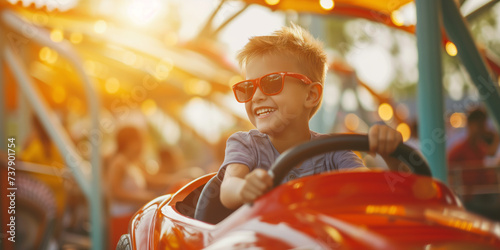 Happy cheerful little boy driving car toy at an amusement park on sunny summer evening. photo