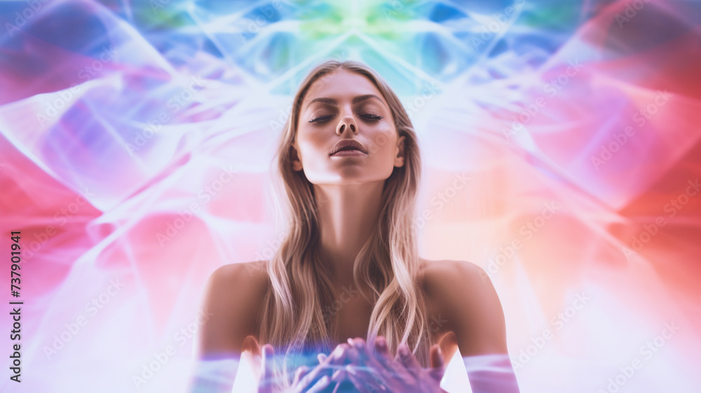 Portrait of young woman with closed eyes against digitally generated colourful background generativa IA Portrait of young woman with closed eyes against digitally generated colourful background generativa IA