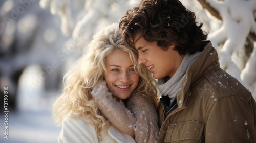 Young Caucasian Couple Embracing in a Snow-Covered Setting, Winter Romance, Love and Affection Amidst the Cold
