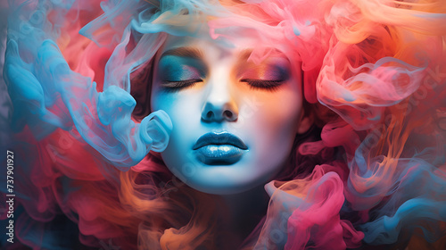 Face of a woman with closed eyes surrounded by colorful smoke