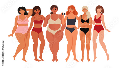 Women diverse of different ethnicities, figures, and forms stand together and hug. Vector illustration in flat style