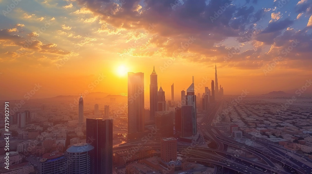 Sunset over large buildings equipped with the latest technology, King Abdullah Financial District, in the capital, Riyadh, Saudi Arabia