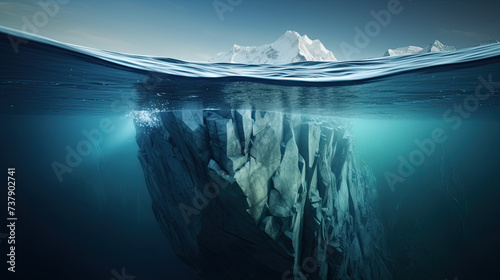 Underwater view of iceberg with beautiful transparent sea on background. iceberg in polar regions which shows a big hidden potential beneath the surface. Hidden Danger 