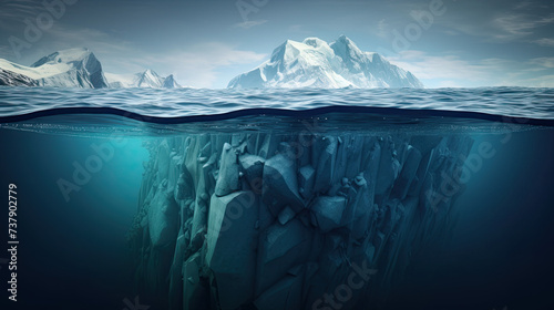Underwater view of iceberg with beautiful transparent sea on background. iceberg in polar regions which shows a big hidden potential beneath the surface. Hidden Danger 