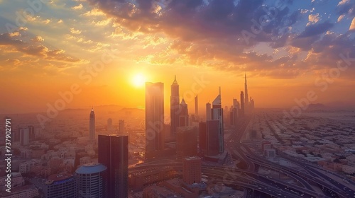 Sunset over large buildings equipped with the latest technology, King Abdullah Financial District, in the capital, Riyadh, Saudi Arabia photo