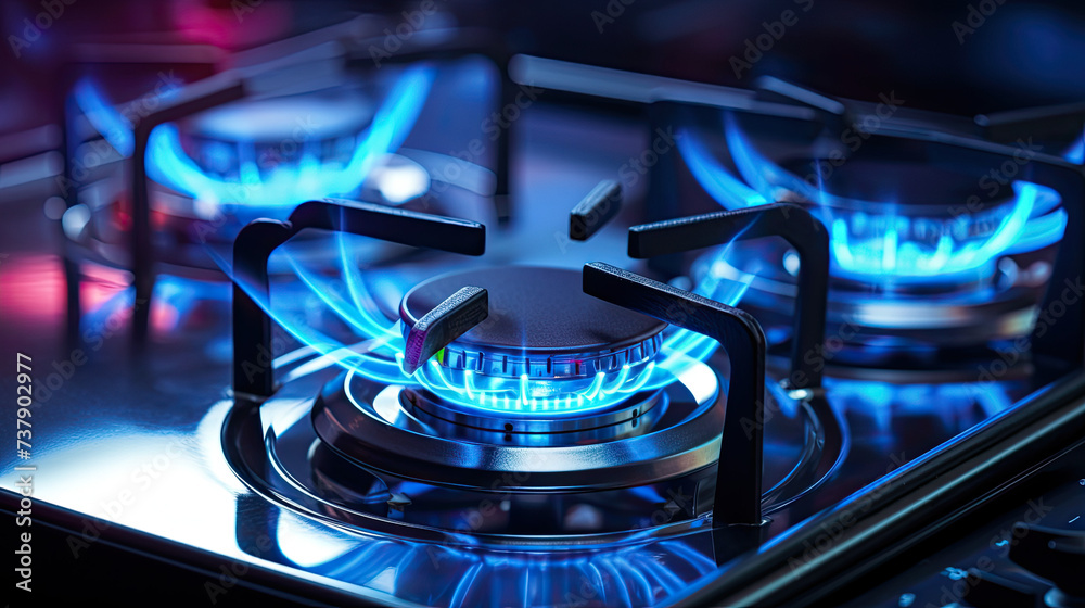 Clean new kitchen gas stove burner with blue flames on a kitchen stove. Economic crisis, the cost of gas rising. Clean new kitchen gas stove burner with blue flames on a kitchen stove. Economic crisis, the cost of gas rising.