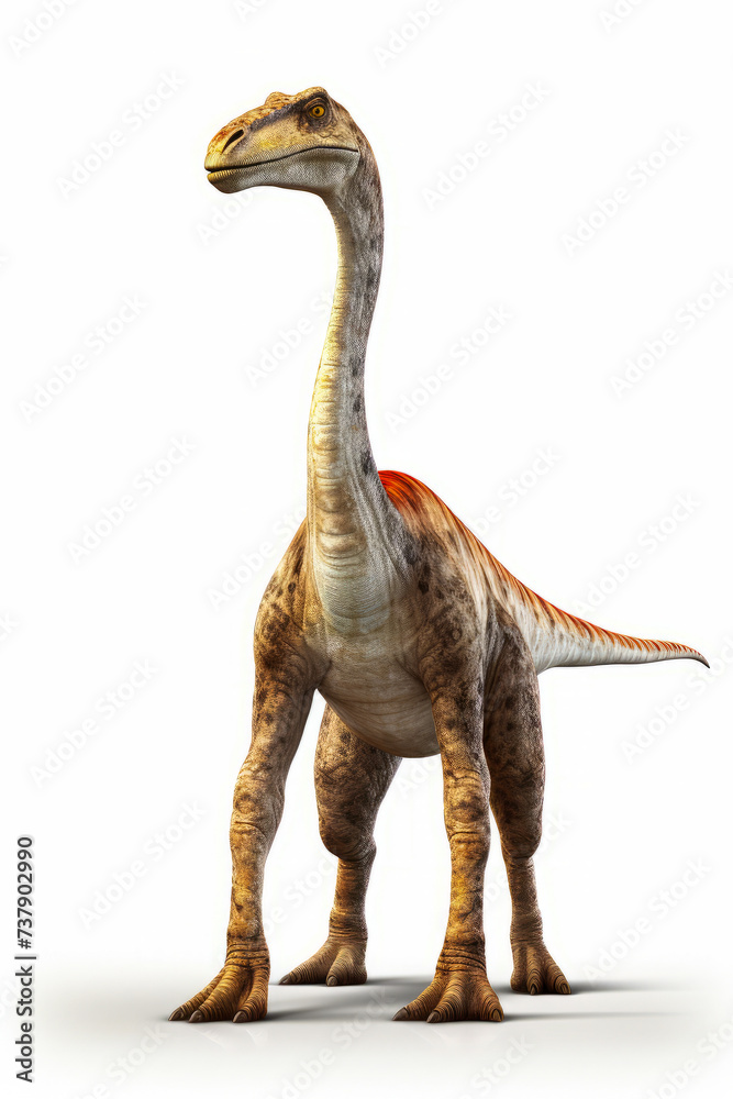 Fototapeta premium Dinosaur with long neck and long neck, standing in front of white background.