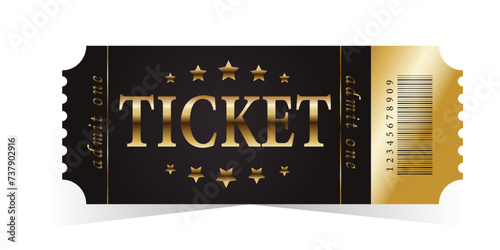 Vector golden ticket template. Cinema, theater,casino, concert, game, party, event, festival gold ticket.Invite ticket for casino club.Vector illustration.