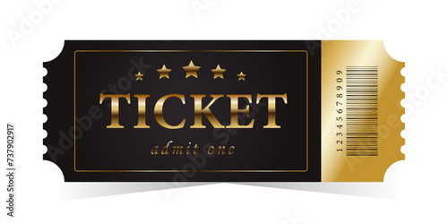 Vector golden ticket template. Cinema, theater,casino, concert, game, party, event, festival gold ticket.Invite ticket for casino club.Vector illustration.