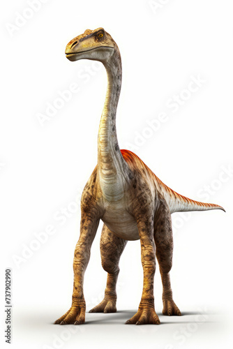 Dinosaur with long neck and long neck, standing in front of white background. © VISUAL BACKGROUND