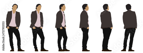 Vector concept conceptual silhouette of a men standing, hands in pockets  from different perspectives isolated on white background. A metaphor for confidence, fashion, business and lifestyle photo