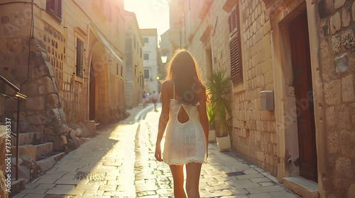 Beautiful tourist young woman walking in Dubrovnik Ragusa city street on summer, Croatia, tourism travel holiday vacations concept in Europe