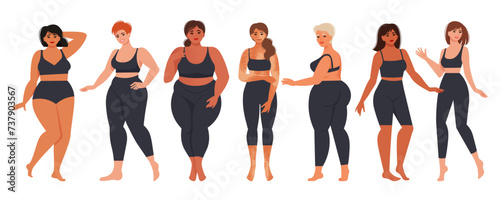 Women diverse of different ethnicities, figures, and forms stand. Vibes mood, body positive. Vector illustration