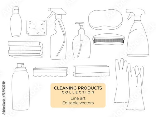 Cleaning products line drawing outline editable vector collection sponge chemicals and gloves