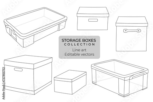 Storage boxes line drawing outline editable vector collection cardboard box and plastic box with lid	
