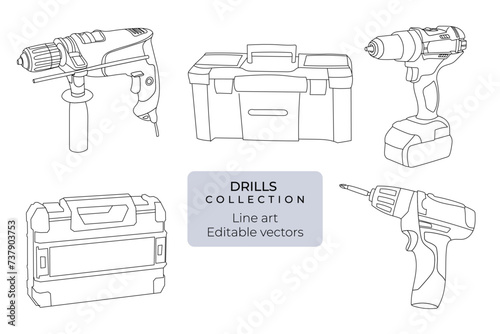 Drills and drill case box line drawing outline DIY editable vector collection