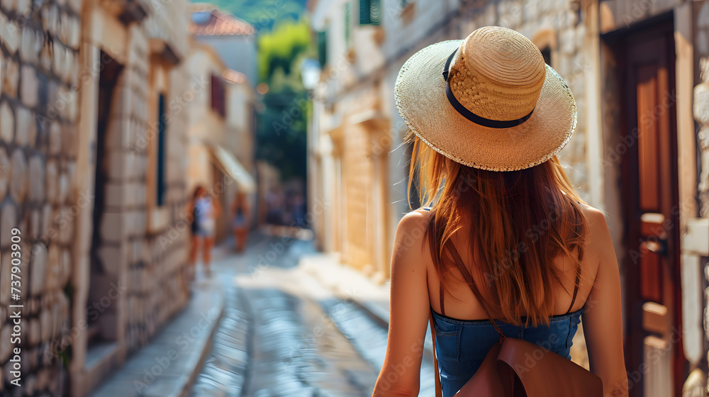 Beautiful tourist young woman walking in Dubrovnik Ragusa city street on summer, Croatia, tourism travel holiday vacations concept in Europe