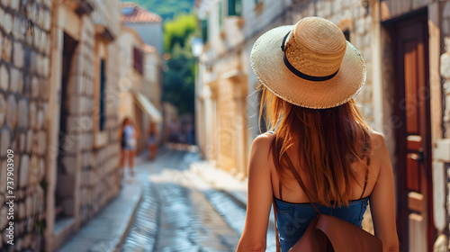 Beautiful tourist young woman walking in Dubrovnik Ragusa city street on summer, Croatia, tourism travel holiday vacations concept in Europe