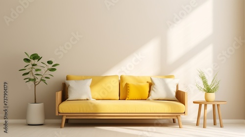 minimal living room with a yellow sofa and a wooden coffee table