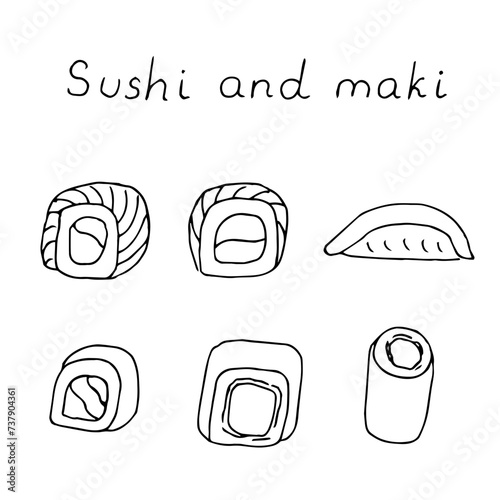 Sushi and maki set, vector illustration hand-drawn doodles