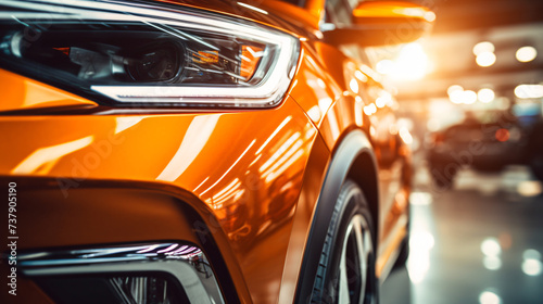 Closeup headlight of shiny orange luxury SUV