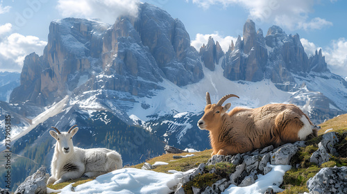 Medium shot photography, Spring Scenery at Dolomites, with towering peaks as the background, during alpine ibex calving photo