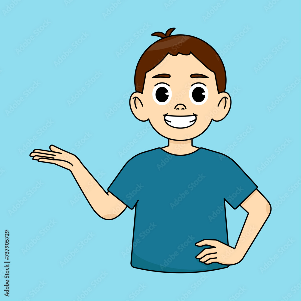 Boy smiling and holding palm of empty space Boy smiling and holding palm of empty space