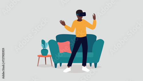 Vektor-Illustration eines Mannes mit einer virtuellen Realität Brille in ihrem Wohnzimmer - künstliche Intelligenz Konzept