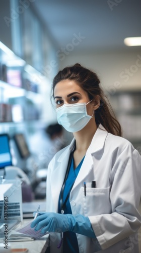 A beautiful female pharmacist wearing a medical mask works in a modern pharmacy. Medical worker, pharmaceutical business, Healthcare concepts.