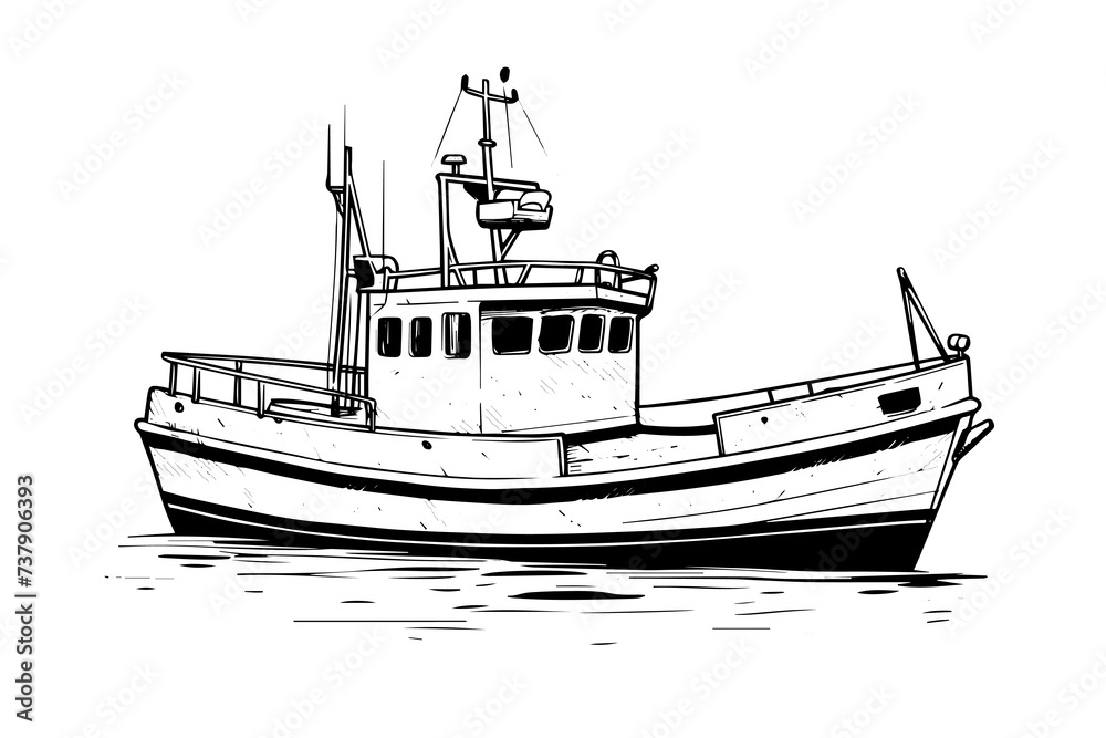 Fishing ship vector sketch. Sea cruise hand drawing. Mega boat.