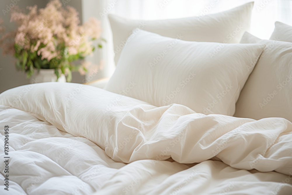 White Bedding with White Blankets and Pillows: Soft White Bedding in a Comfortable Bedroom - Simple and Bright Bedroom Interior with White Pillows and Blankets.
