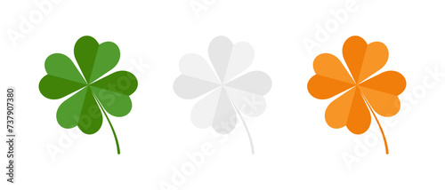 Set of four leaf clovers in Irish flag colors. Green, white and orange clovers illustration on a white background isolated. Vector illustration