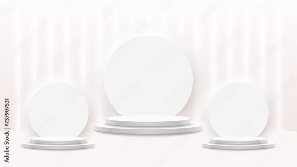 Abstract white and pink cylinder pedestal and round podium. Neomorphism design style with vertical glowing neon lighting. Empty stage 3d shape stage for product presentation. Vector. Abstract white and pink cylinder pedestal and round podium. Neomorphism design style with vertical glowing neon lighting. Empty stage 3d shape stage for product presentation. Vector.