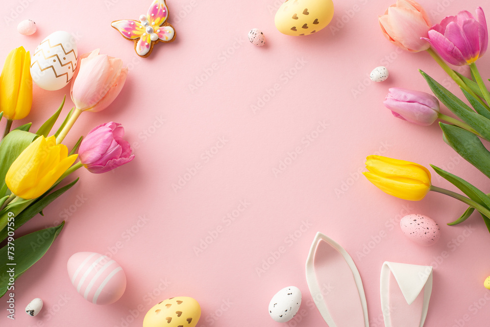 Pastel Easter Harmony: delightful top view shot capturing charm of Easter eggs, amusing bunny ears, fresh tulips on soft pink background. Create your April story with this image, leaving space for ad