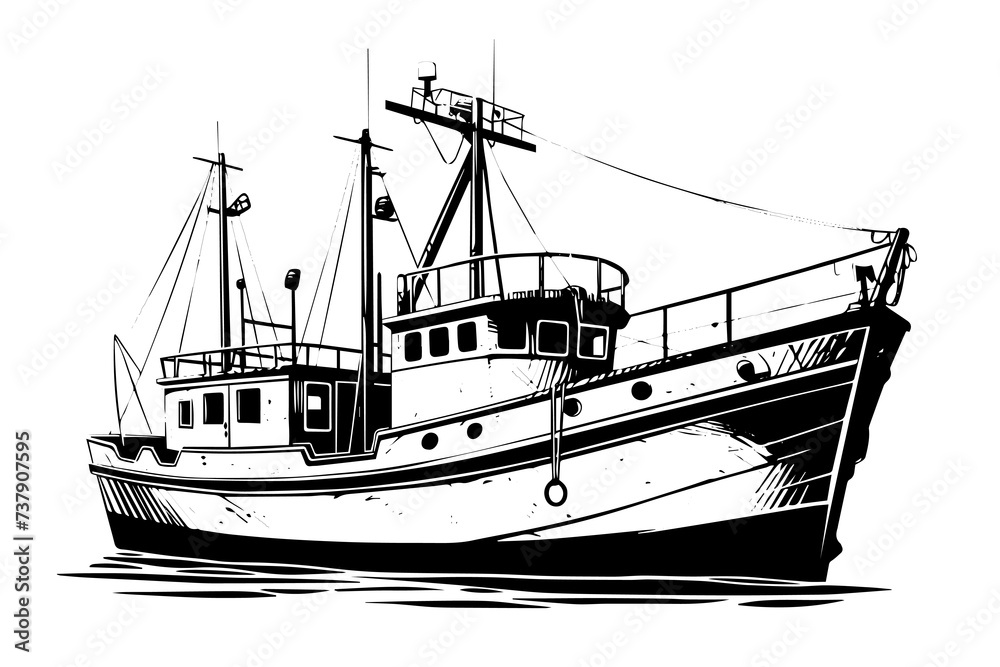 Super fishing ship vector sketch. Sea cruise hand drawing. Mega boat.