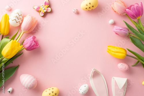 Pastel Easter Harmony: delightful top view shot capturing charm of Easter eggs, amusing bunny ears, fresh tulips on soft pink background. Create your April story with this image, leaving space for ad