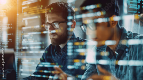 two handsome businessman working in the office superimposed over multiple lines of computer code