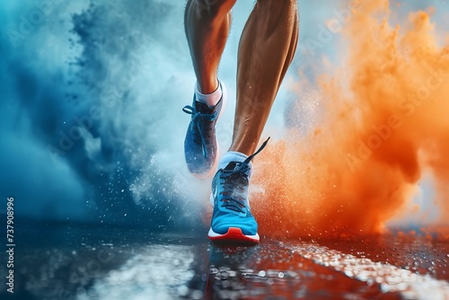 legs and shoes of a person running down asphalt road blue and orange smoke in background victory finish 