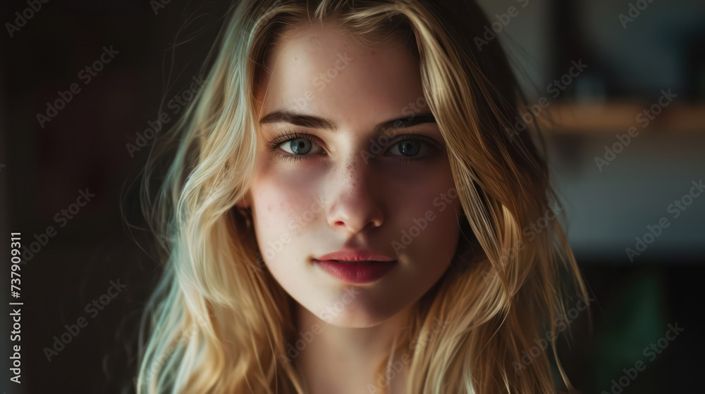 Portrait of young 30 year old blonde woman